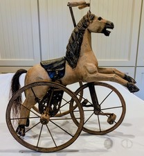 Antique Hand Carved Wooden Horse Pedal Tricycle