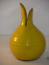 Mid Century MCM Pottery Yellow Ribbed? Split Top Vase Italy?  1950s? 1960s? 21cm