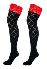 Black 40 Denier Diamond Opaque Lace Top Hold Ups With Coloured Lace One Size