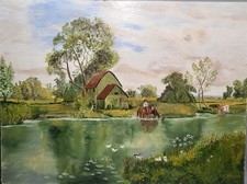 Naive Original Oil on Board Painting Farm Water Wheel River 61x46cm F Kilgour