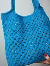 Crocheted Tote Bag, Blue Net Bag, Handmade Shopping Bag, Handbag Crochet