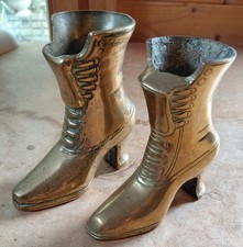 Vintage Brass Boots, Brass Vase, Victorian Lace Up Style Boot Pair, Small 14cm
