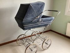 vintage silver cross pram, blue brushed denim, 40 years old, dry stored in loft,