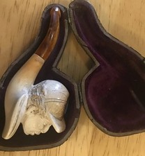 Antique Meerschaum Pipe with amber stem in original box Circa 1900s 19th Century