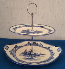 Royal Doulton Vintage Norfolk Blue & White Windmill Design, Two Tier Cake Stand