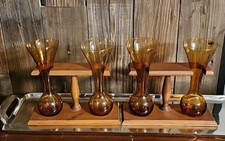 Double set of Vintage Yard of Ale Glasses with Wood Stand 