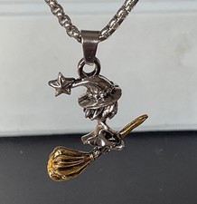 Flying Witch On  Gold Colour Broomstick Pendant And Necklace. Halloween. J9