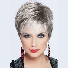 Women Ladies Wig Short Straight Silver Grey Classic Synthetic Hair Wigs GIFT