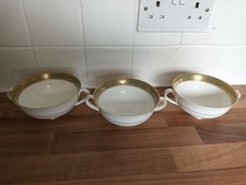 Royal Doulton Belvedere Soup Cups Bowls x3 | Bone China Gold Border Vintage