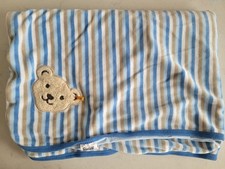 Steiff Blue Brown White Beige Stripe Baby Pram Blanket Bear Soft Comforter