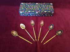 A set of Six vintage cloisonne gold plated enamelled spoons and floral tin box