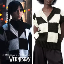 ZARA BLACK & ECRU CHECK KNIT VEST ASO WEDNESDAY ADDAMS SIZE S