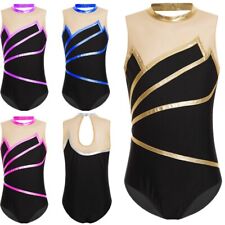 Kids Girls Shiny Metallic Gymnastics Bodysuit Mesh Dance Ice Skating Leotard