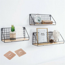 Set of 2 Industrial Wall Shelf Mounted Unit Metal Wire Wood Rack Storage Display