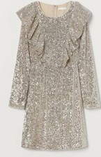 H&M Trend Beige Silver Sparkly Sequin Frill front  Dress 16 14 Bnwt