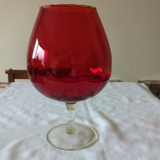 Large Vintage Red Brandy Glass With Clear Stem & Base - Approx 12 Inches Tall