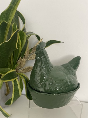 Vintage green ceramic hen - vintage,