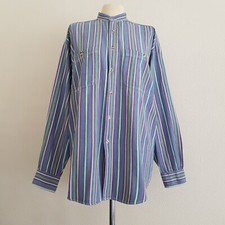 CACTUS Mens Vintage Blue & Multicolour Stripe Cotton, Collarless Shirt - L