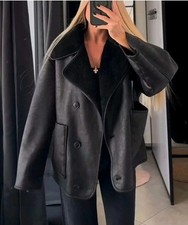 Zara Black Shearling Double Fac Faux Fur Lined Jacket Aviator S Small 8 10