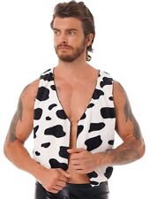 UK Men's Cow Print Waistcoat Open Cardigan Vest Cowboy Halloween Cosplay Tops