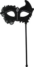 Black Lace Masquerade Eye Mask On Stick Ladies Fancy Dress Costume Accessory