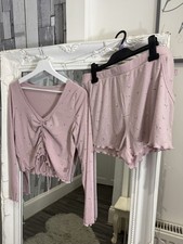Pink floral pyjamas pjs long sleeve cropped top and shorts pockets S/M  primark