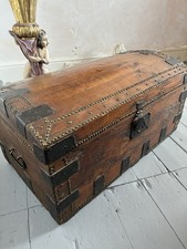 DOME TOP PINE SEA CHEST C.1860 IRON FITTINGS / LOCK / HANDLES - BRASS STUDDED