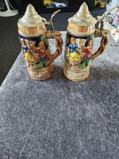Pair Of Vintage German Musical Pewter Lidded Hand Painted Beer Steins/Mugs/Cups