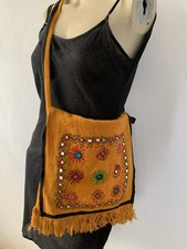 Hippie Boho Ethnic Indian Nepal Embroidered Mirror Disc Beach Tote Festival Bag