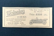 1926 Newspaper Clipping WOLSELEY 11/22 h.p. CAR ADVERT, BOOTH BROS. LTD, BELFAST