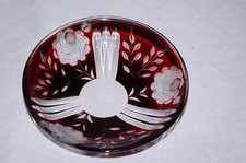 Ruby Red Cased Glass Cut to Clear Roses Nut Candy Dish Bohemian Czech Bowl