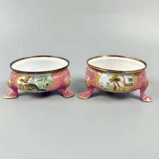 A fine pair of Bilston/South Staffs enamel salts ainted with rural scenes c1770