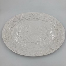 Vintage White Ceramic Turkey Platter Embossed Oval Serving Plate 48x36cm 