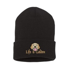 Life is Golden with Golden retriever dog embroidered beanie hat, Life is golden