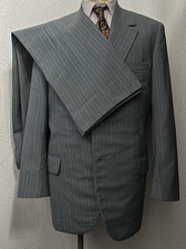 Men’s 1950s Bespoke Blue Striped Two Piece Suit Vintage European 42 Large