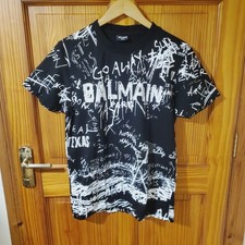 BALMAIN PARIS T-shirt Mens Graffiti Logo All-Over Short Sleeve Black Size M
