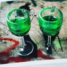 UNIQUE Handmade ABSINTHE GLASS EARRINGS drink EMERALD GREEN spirit MINIATURE 