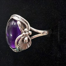 Sterling Silver Ring With A Large Amethyst Stone And Silver Leaf Detail - Size O