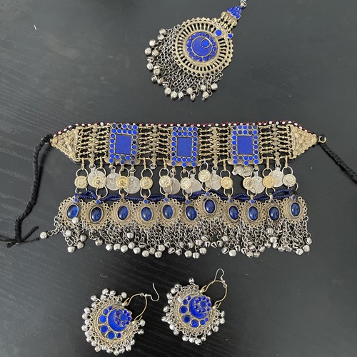 Blue afghan jewellery set - blue,