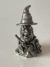 Halloween gift, pewter thimble depicting a witch with her cat and broomstick