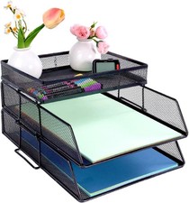 2 Tier Mesh in Trays，Stackable Office Desk Tidy File Holder with Top Stationery 
