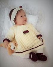 KNITTING PATTERN DK 82 TO MAKE BABY GIRLS OR REBORN DOLLS DRESS HEADBAND & SHOES