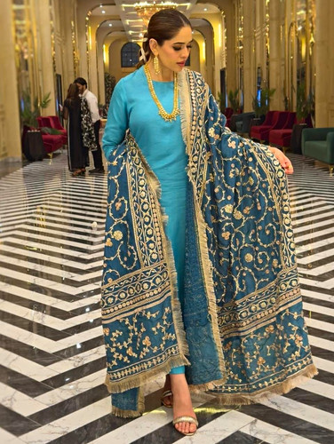 Silk suit with - with, embroidered
