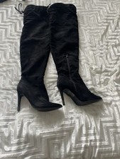 Thigh High Boots Black Suede Stiletto Heels With Lace Detail At The Back Size 6