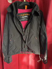 SUPERDRY Ladies  L Jacket The Windcheater Hooded Fleece Lined Black and Pink VGC