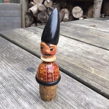 Old Vintage Decorative Painted Wooden Man With Hat Corked Bottle Stopper Topper