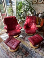 Ekornes Stressless Pair of Reno Red Recliner Chair & Footstool with side table 