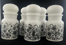 Vintage Belgian Milk Glass Apothecary Jars with Bubble Lids x 5 Black Flowers 5"