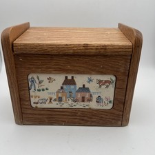 Vtg Wooden Recipe File Box Farmhouse/Farm Scene Wall Hanging Free Standing C