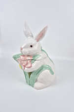 Vintage White Easter Bunny With Flowers Cookie Biscuit Jar Cookie Man 28cm